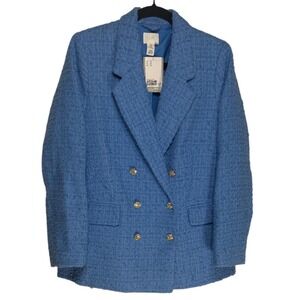 HM Blue Tweed Double Breasted Blazer‎ Gold Button Boucle Jacket Size M New